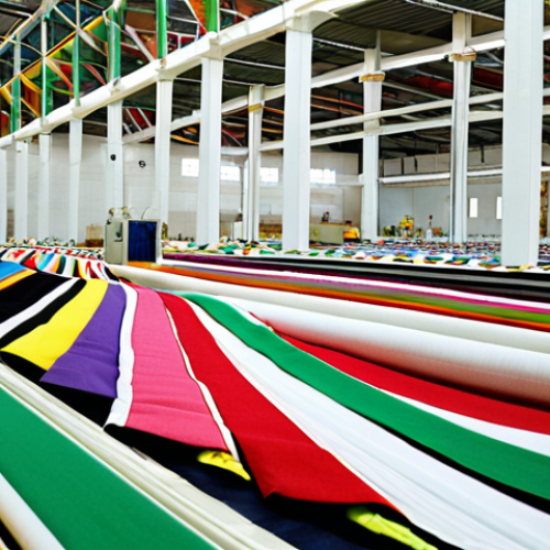 Home 23 **Prompt:** A modern textile factory in Ashgabat, Turkmenistan, with colorful fabrics being produced. In the background, wind turbines generate renewable energy. The scene emphasizes sustainable development and economic diversification.