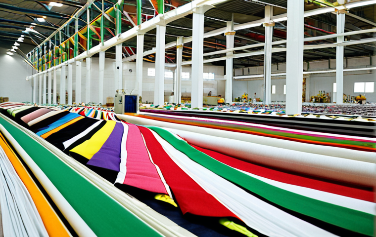 **Prompt:** A modern textile factory in Ashgabat, Turkmenistan, with colorful fabrics being produced. In the background, wind turbines generate renewable energy. The scene emphasizes sustainable development and economic diversification.
