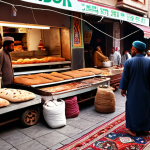 **

A vibrant Turkmen bazaar scene. In the foreground, merchants in traditional dress sell freshly baked Tandoor bread. The background shows colorful carpets and bustling shoppers. Focus on the energy and aromas of the market.

**