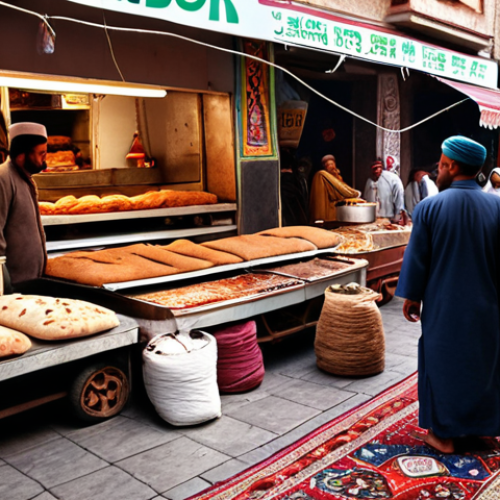 Home 22 **
A vibrant Turkmen bazaar scene. In the foreground, merchants in traditional dress sell freshly baked Tandoor bread. The background shows colorful carpets and bustling shoppers. Focus on the energy and aromas of the market.
**