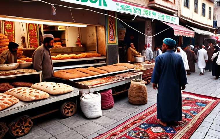 **
A vibrant Turkmen bazaar scene. In the foreground, merchants in traditional dress sell freshly baked Tandoor bread. The background shows colorful carpets and bustling shoppers. Focus on the energy and aromas of the market.
**