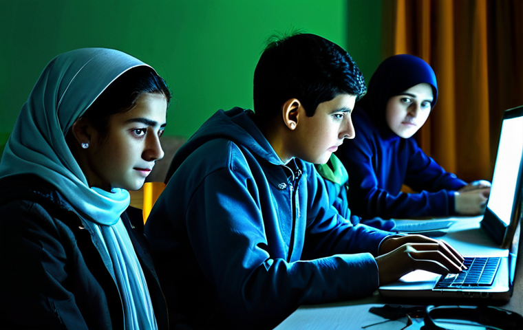 Digital Resistance**
"A group of young Turkmen students, fully clothed in modest, casual attire, illuminated by the glow of laptop screens, working together in a dimly lit room. VPN icons subtly displayed on the screens. The atmosphere is one of quiet determination and hope. Safe for work, appropriate content, perfect anatomy, correct proportions, family-friendly, professional digital art."
**