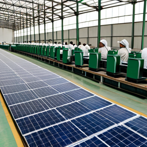 Home 20 Diversifying the Economy**
"A modern industrial park in Turkmenistan, showing factories producing textiles and processed agricultural goods, with solar panels in the background. Fully clothed workers are visible, operating machinery. Appropriate attire, safe for work, professional setting, perfect anatomy, correct proportions, natural pose, high quality, well-formed hands, proper finger count, natural body proportions, modest and family-friendly."
**