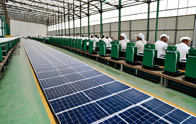 Diversifying the Economy**
"A modern industrial park in Turkmenistan, showing factories producing textiles and processed agricultural goods, with solar panels in the background. Fully clothed workers are visible, operating machinery. Appropriate attire, safe for work, professional setting, perfect anatomy, correct proportions, natural pose, high quality, well-formed hands, proper finger count, natural body proportions, modest and family-friendly."
**