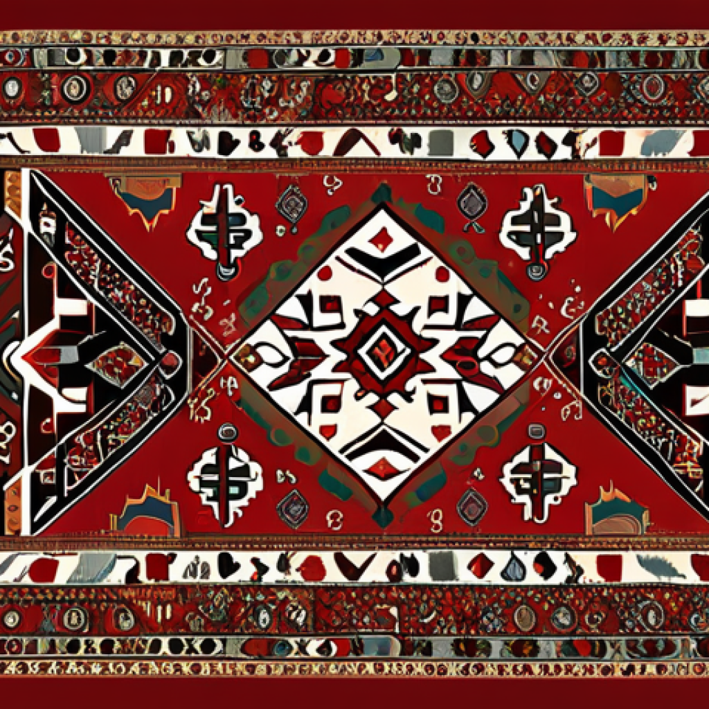 Modern Interpretation of Turkmen Carpet Design**

"Aina Charyeva-inspired abstract painting, incorporating traditional Turkmen carpet patterns, bold geometric shapes, earth tones and reds, modern art gallery setting, fully clothed, appropriate content, safe for work, perfect anatomy, natural proportions, professional, modest, high quality, digital art."

**