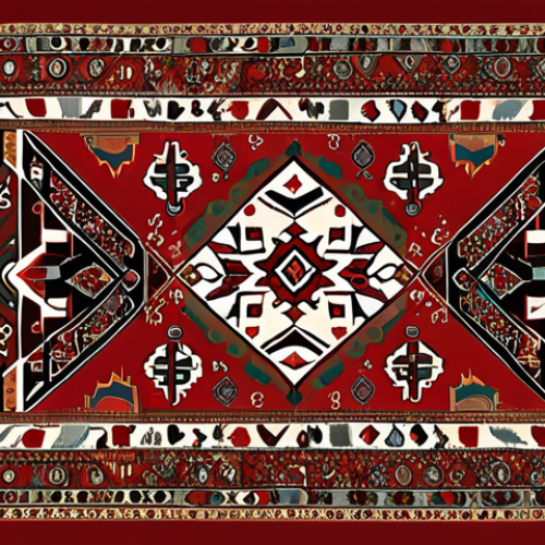 Home 9 Modern Interpretation of Turkmen Carpet Design**
"Aina Charyeva-inspired abstract painting, incorporating traditional Turkmen carpet patterns, bold geometric shapes, earth tones and reds, modern art gallery setting, fully clothed, appropriate content, safe for work, perfect anatomy, natural proportions, professional, modest, high quality, digital art."
**