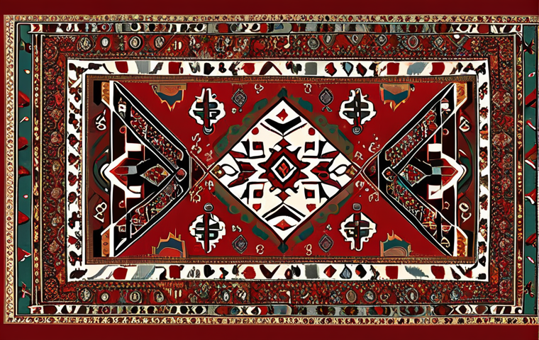 Modern Interpretation of Turkmen Carpet Design**
"Aina Charyeva-inspired abstract painting, incorporating traditional Turkmen carpet patterns, bold geometric shapes, earth tones and reds, modern art gallery setting, fully clothed, appropriate content, safe for work, perfect anatomy, natural proportions, professional, modest, high quality, digital art."
**